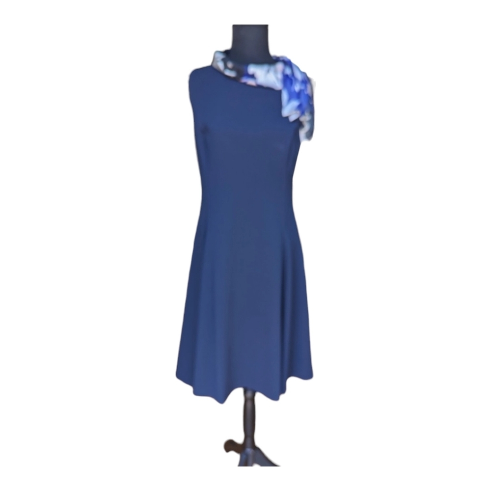DKNY Women’s Attached Scarf Navy Blue Ponte Knit modest dress Size 8